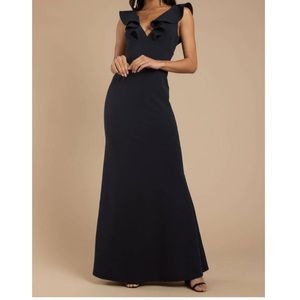 navy blue tobi prom dresss with ruffled neckline